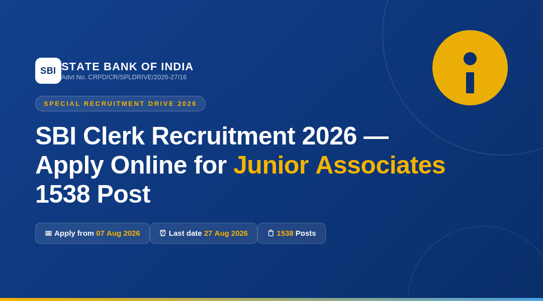 SBI Clerk Recruitment 2026 Apply Online for Junior Associates 1538 Post
